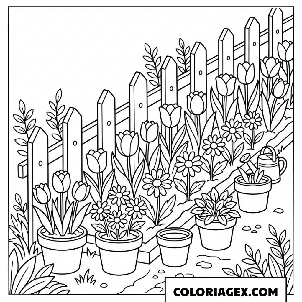 Coloriage Clôture de Tulipes Éclatantes