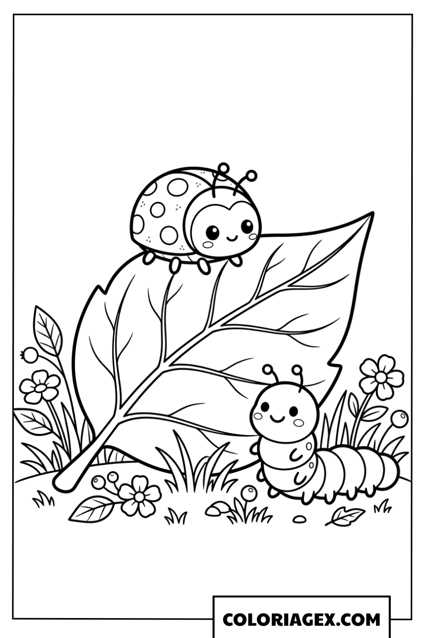 Coloriage Coccinelle sur une Feuille de Printemps