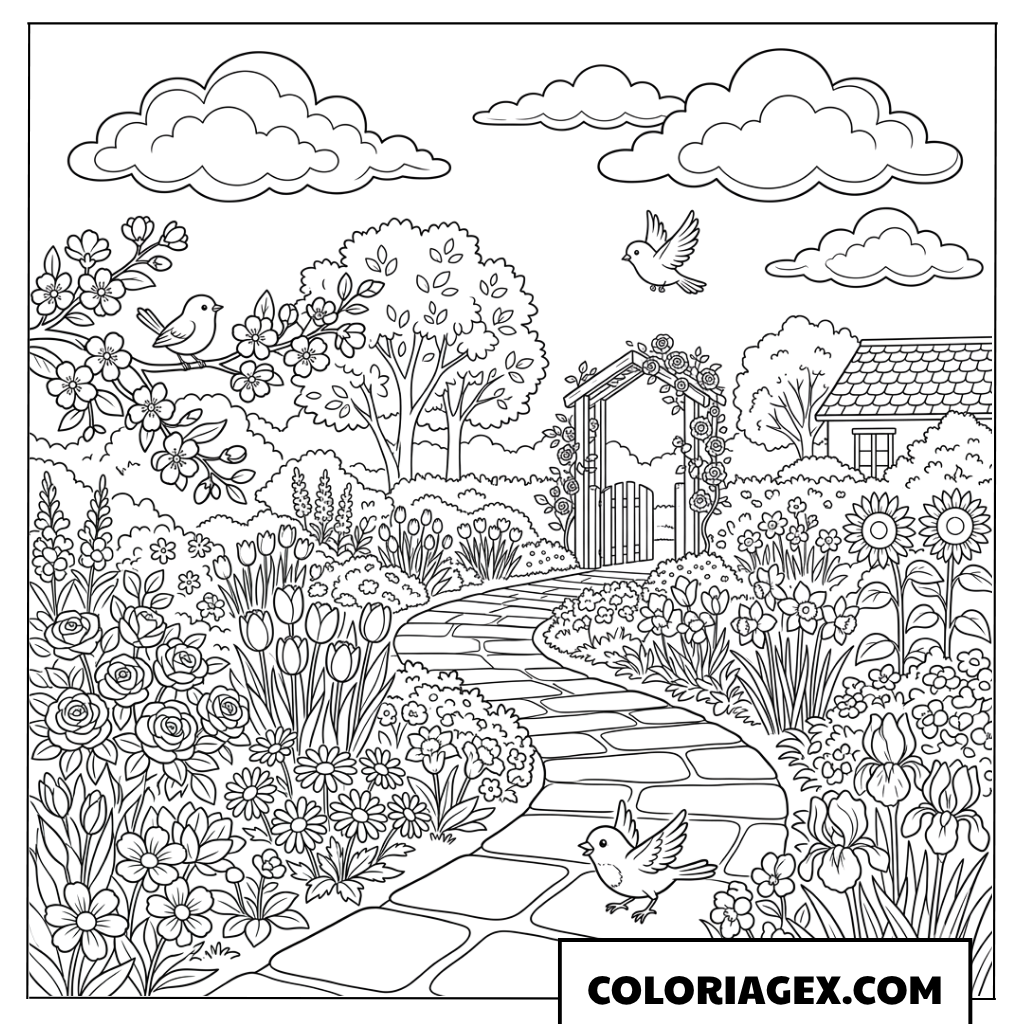 Coloriage Coin Jardin Paisible sous une Arche Fleurie