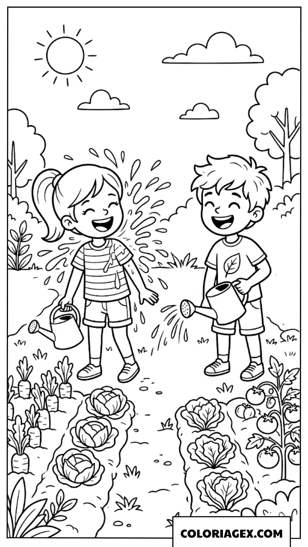 Coloriage Enfants arrosant le potager