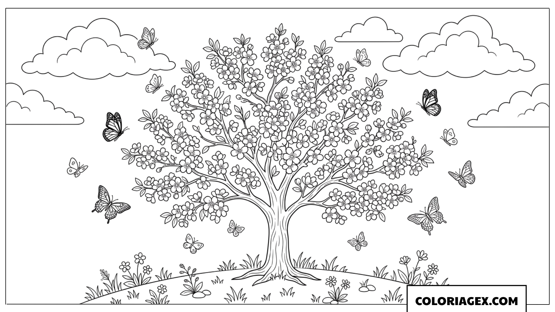 Coloriage Grand Arbre Fleuri du Printemps