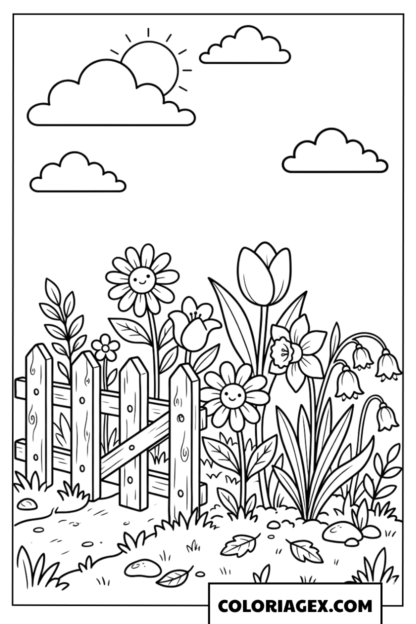 Coloriage Jardin Fleuri Éclatant près de la Clôture