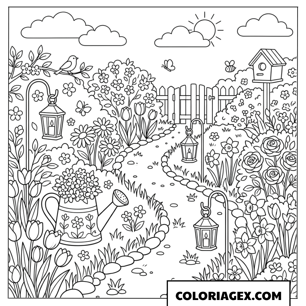 Coloriage Jardin Verdoyant avec Cage à Oiseaux
