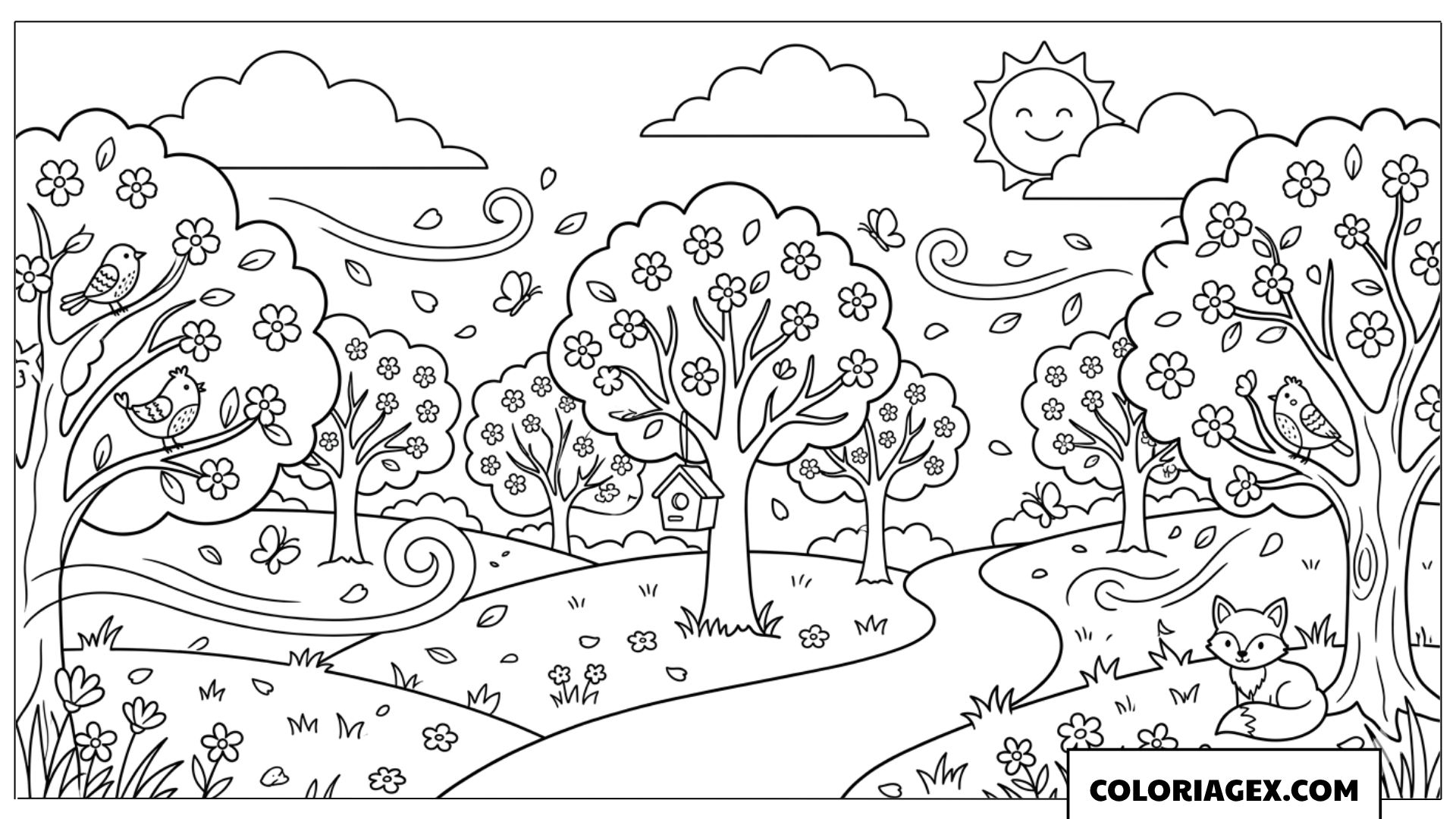 Coloriage Jardin d’Arbres Printaniers Venteux