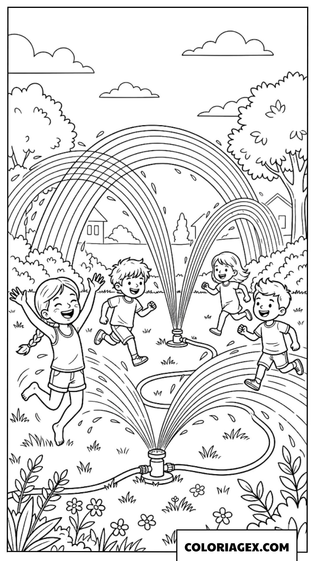 Coloriage Jardin et arc-en-ciel d’eau