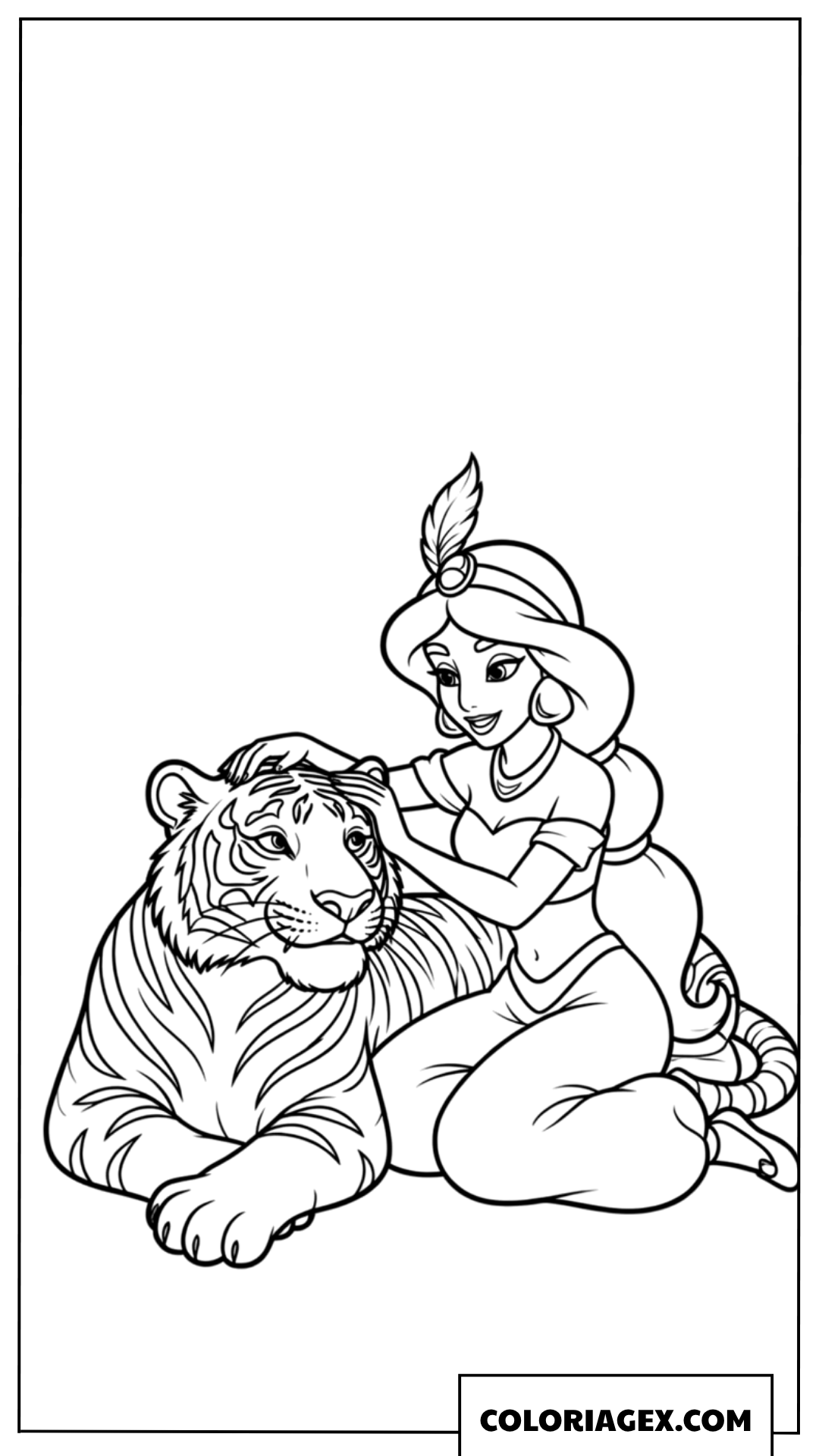 Coloriage Jasmine caressant son fidele tigre Rajah a colorier