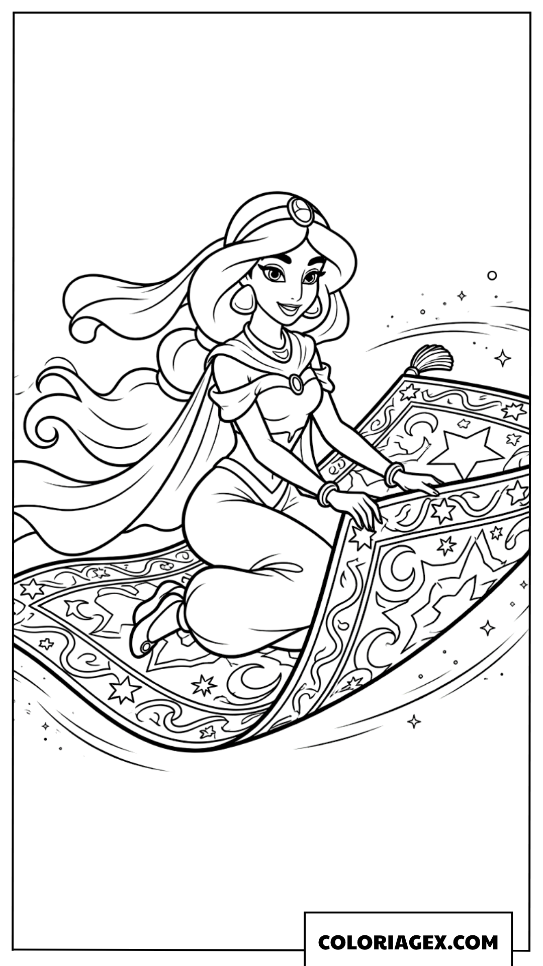 Coloriage Jasmine chevauchant le tapis volant dans le ciel a colorier