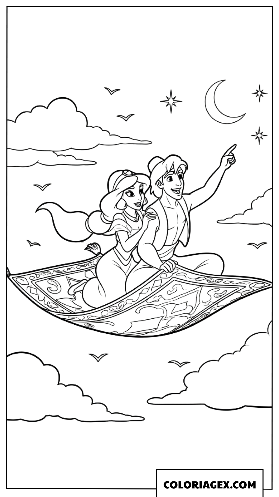 Coloriage Jasmine et Aladdin profitant d une escapade en tapis volant