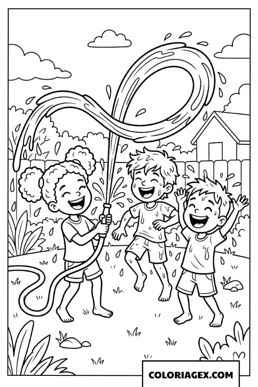 Coloriage Jeux avec le tuyau d’arrosage