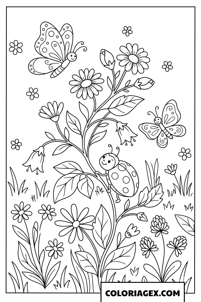 Coloriage Jolis Papillons près des Fleurs