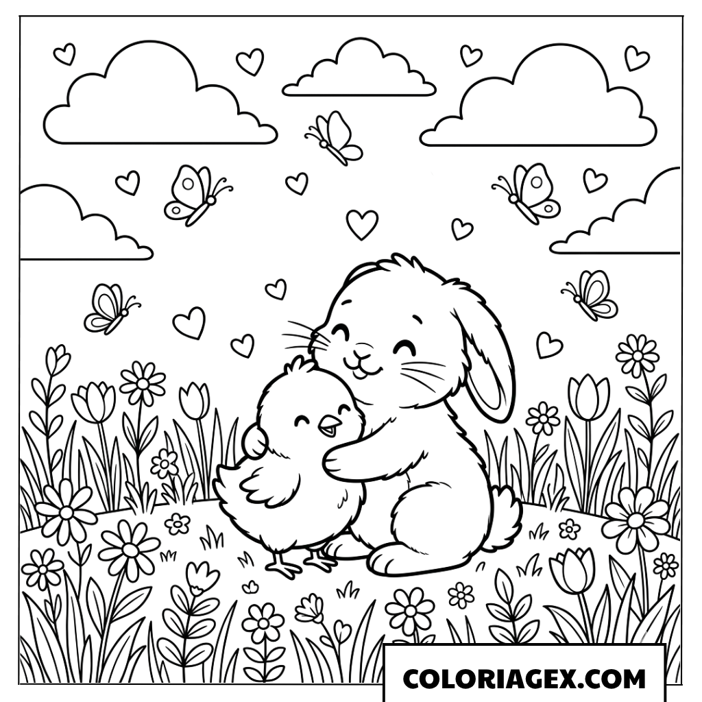 Coloriage Lapin et Caneton qui se Font un Câlin