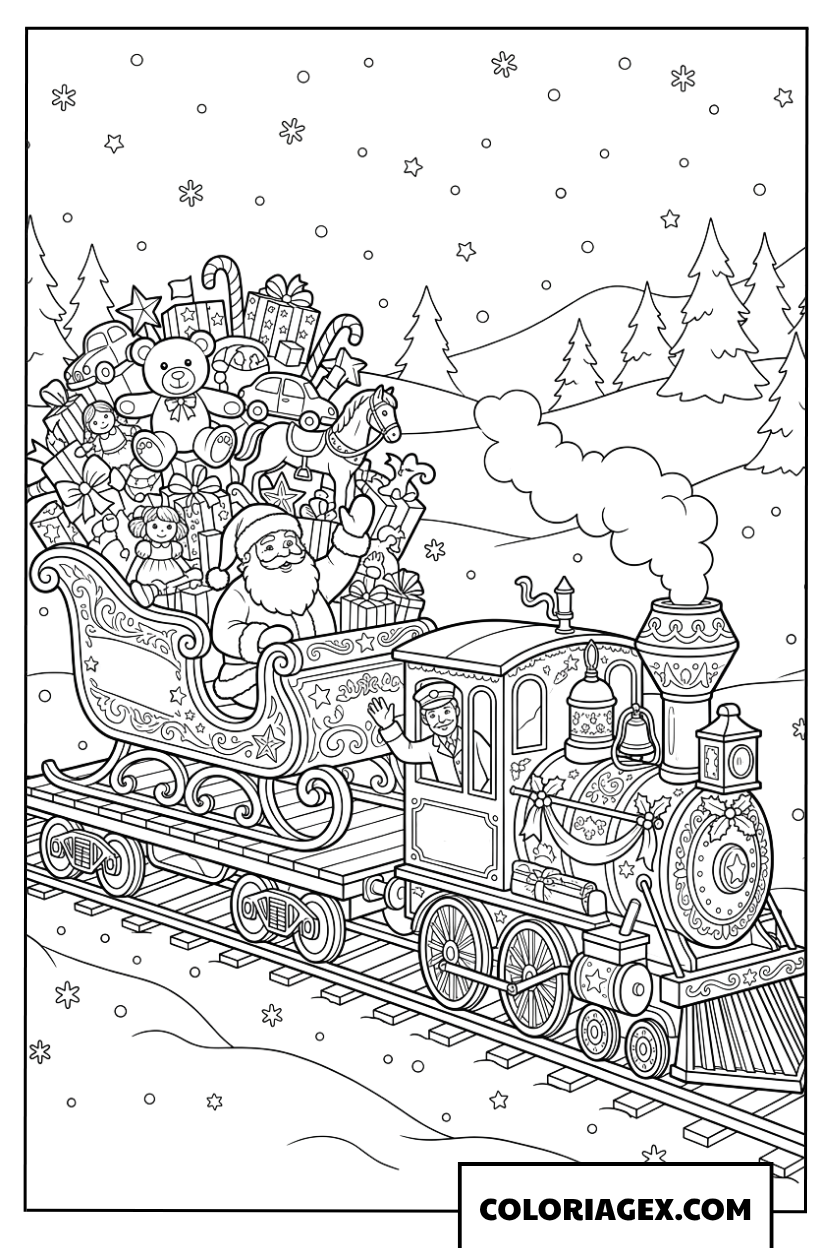 Coloriage Le Père Noël saluant sur le train magique de Noël