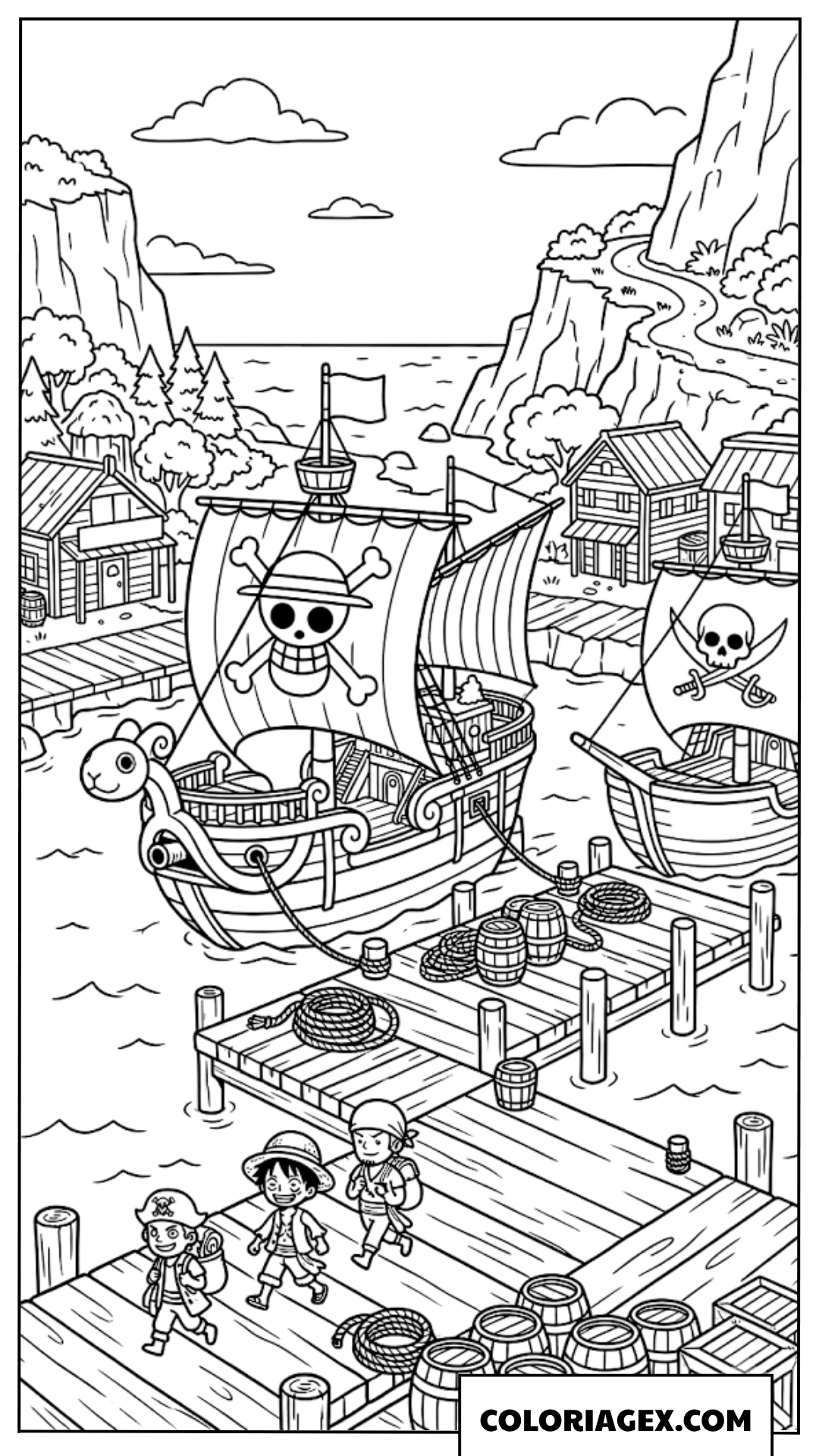 Coloriage Le navire de Luffy accoste au port