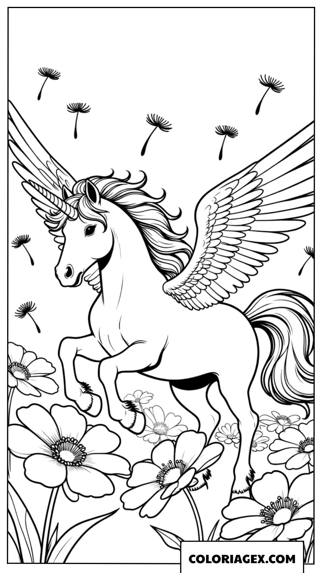 Coloriage Licorne ailée au milieu des pissenlits