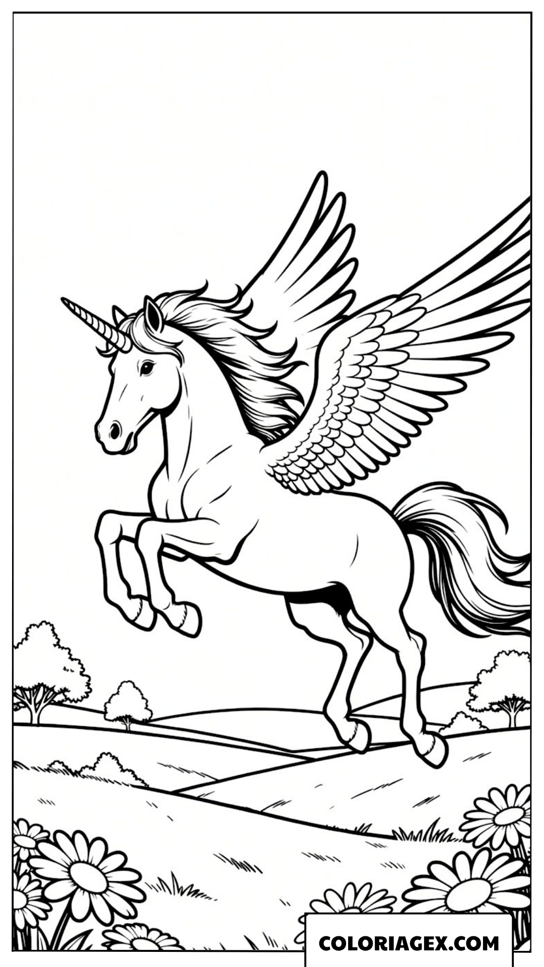 Coloriage Licorne ailée galopant dans les airs