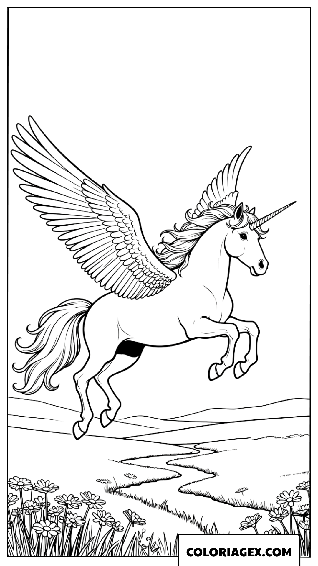 Coloriage Licorne ailée s’envolant au-dessus des prairies