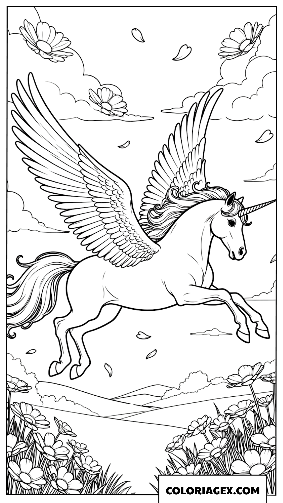 Coloriage Licorne ailée volant parmi les nuages