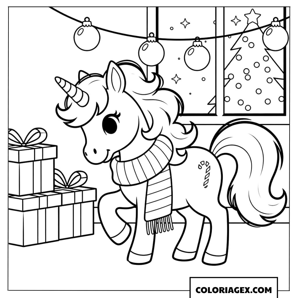 Coloriage Licorne élégante avec cadeaux et décorations de Noël