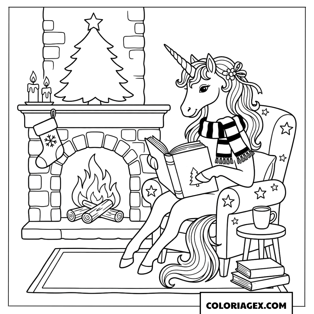 Coloriage Licorne élégante lisant près de la cheminée