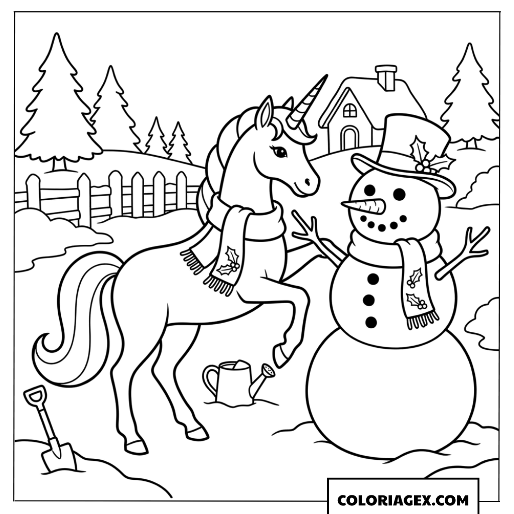 Coloriage Licorne élégante près d’un bonhomme de neige