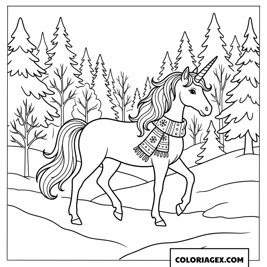 Coloriage Licorne élégante se promenant dans une forêt enneigée