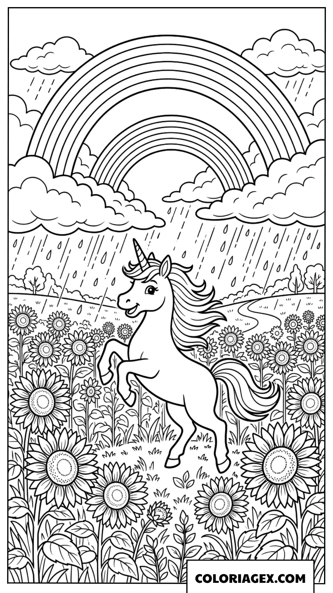 Coloriage Licorne joyeuse dans un champ de tournesols sous l'arc-en-ciel
