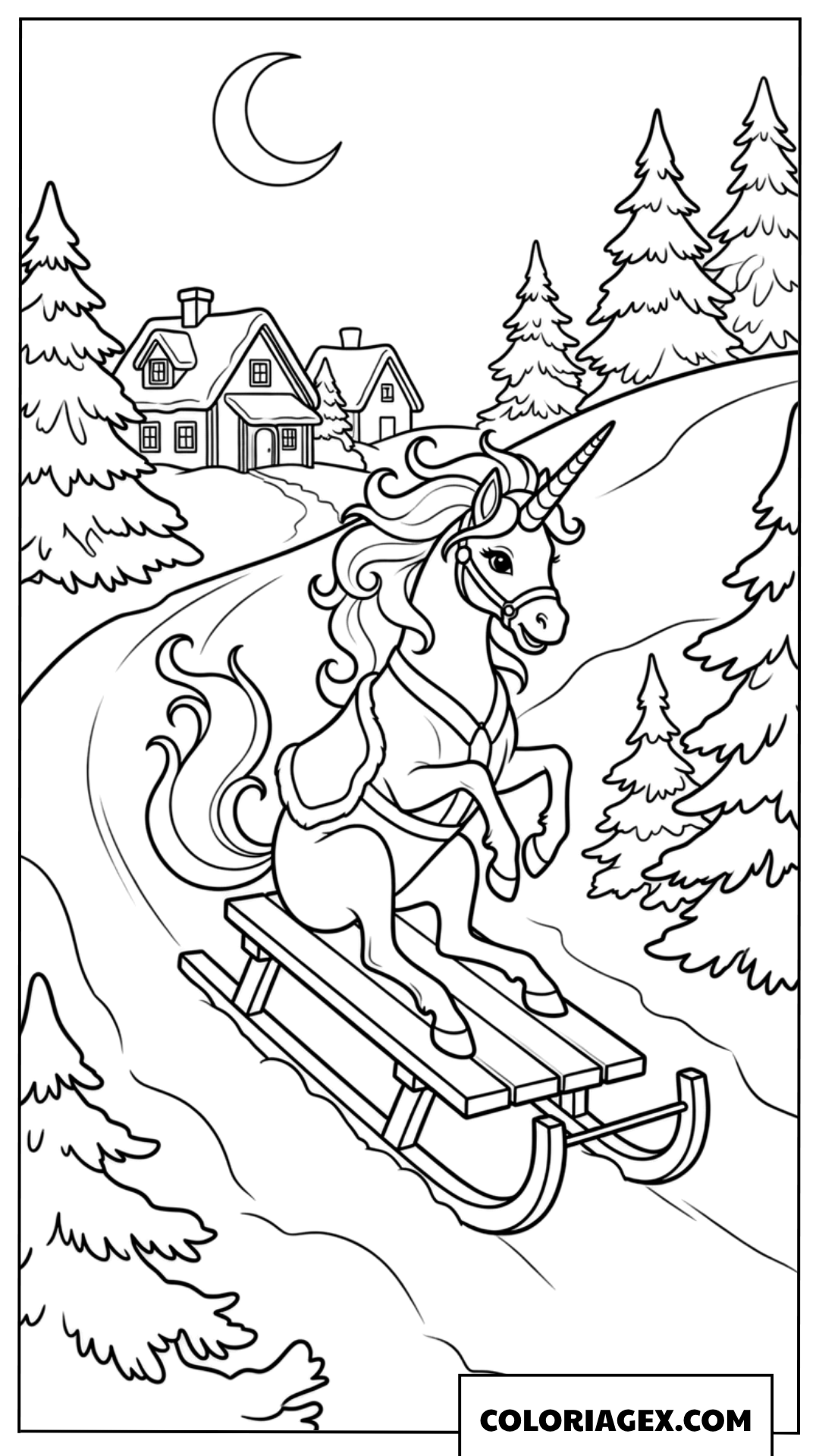 Coloriage Licorne magique faisant de la luge