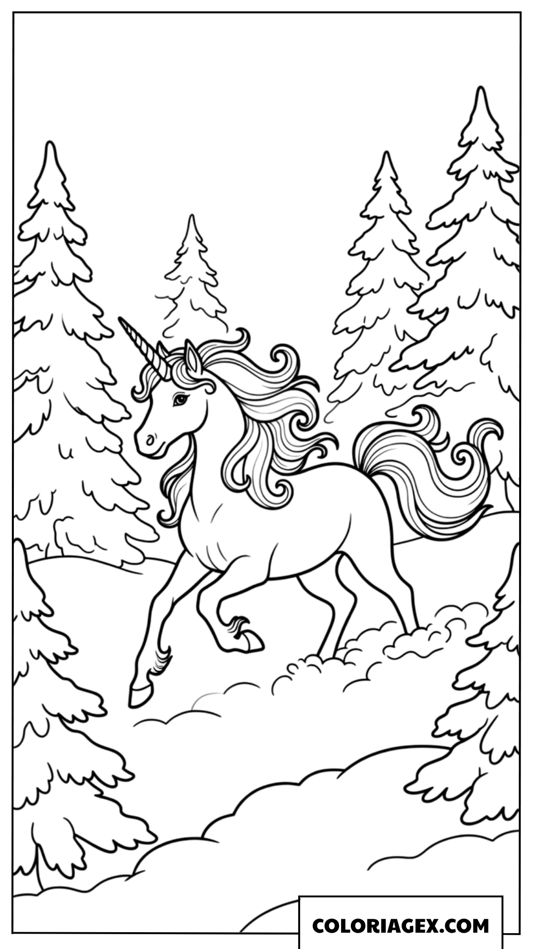 Coloriage Licorne magique marchant dans une forêt enneigée