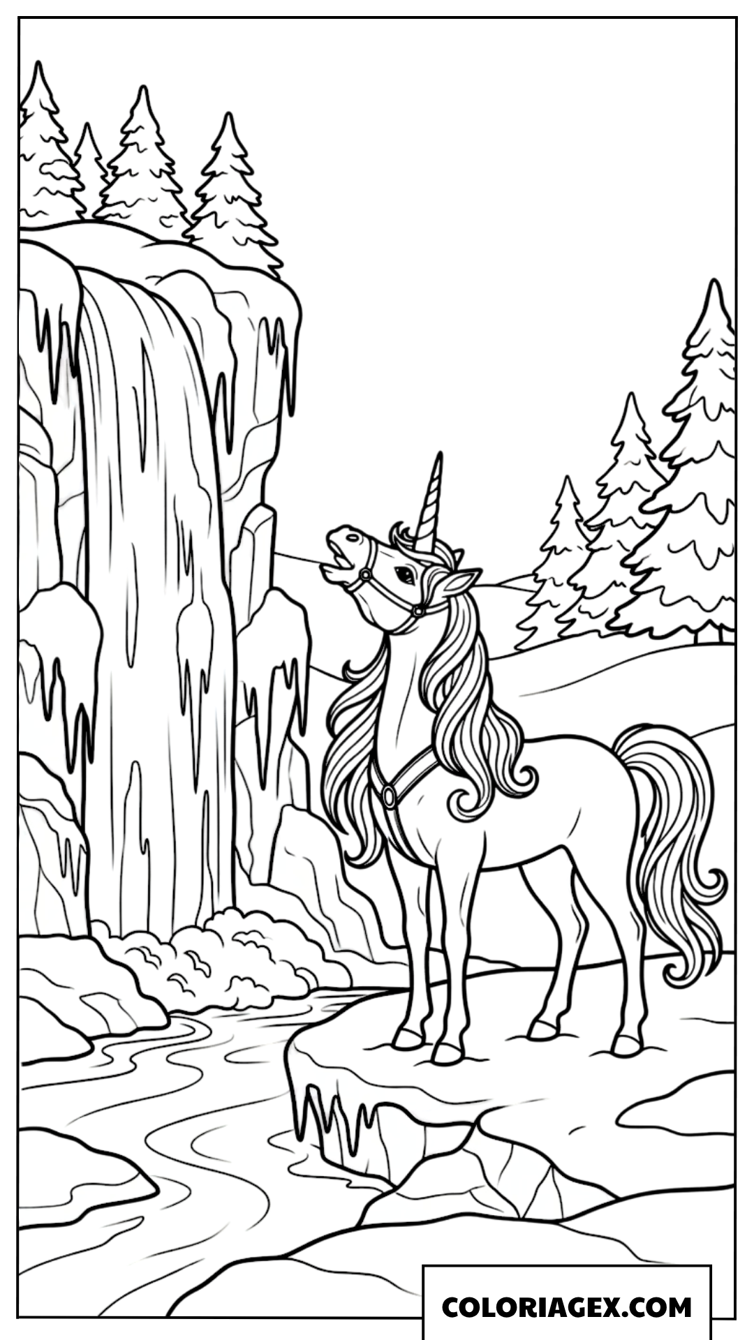 Coloriage Licorne magique près d’une cascade gelée