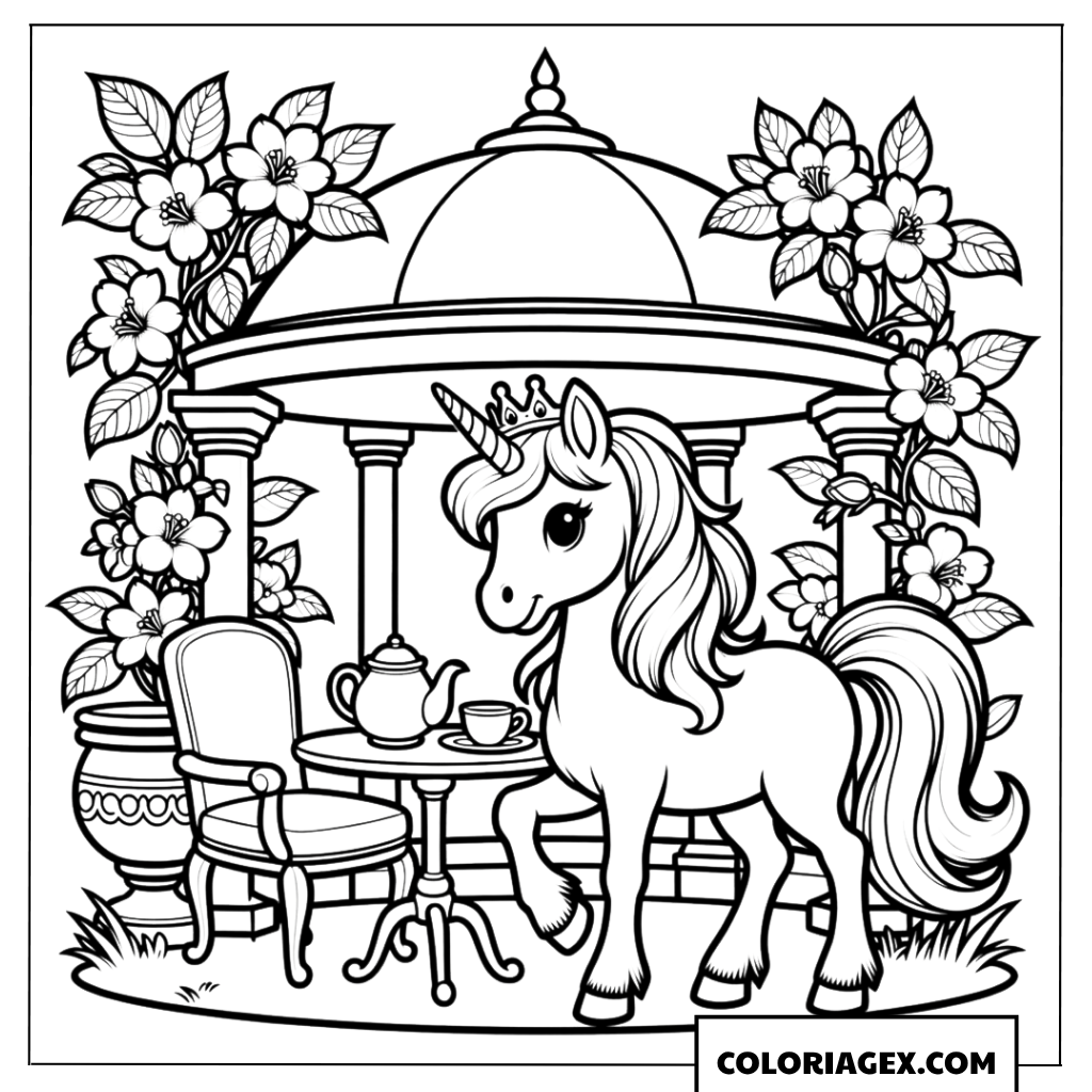 Coloriage Licorne près du pavillon à thé royal