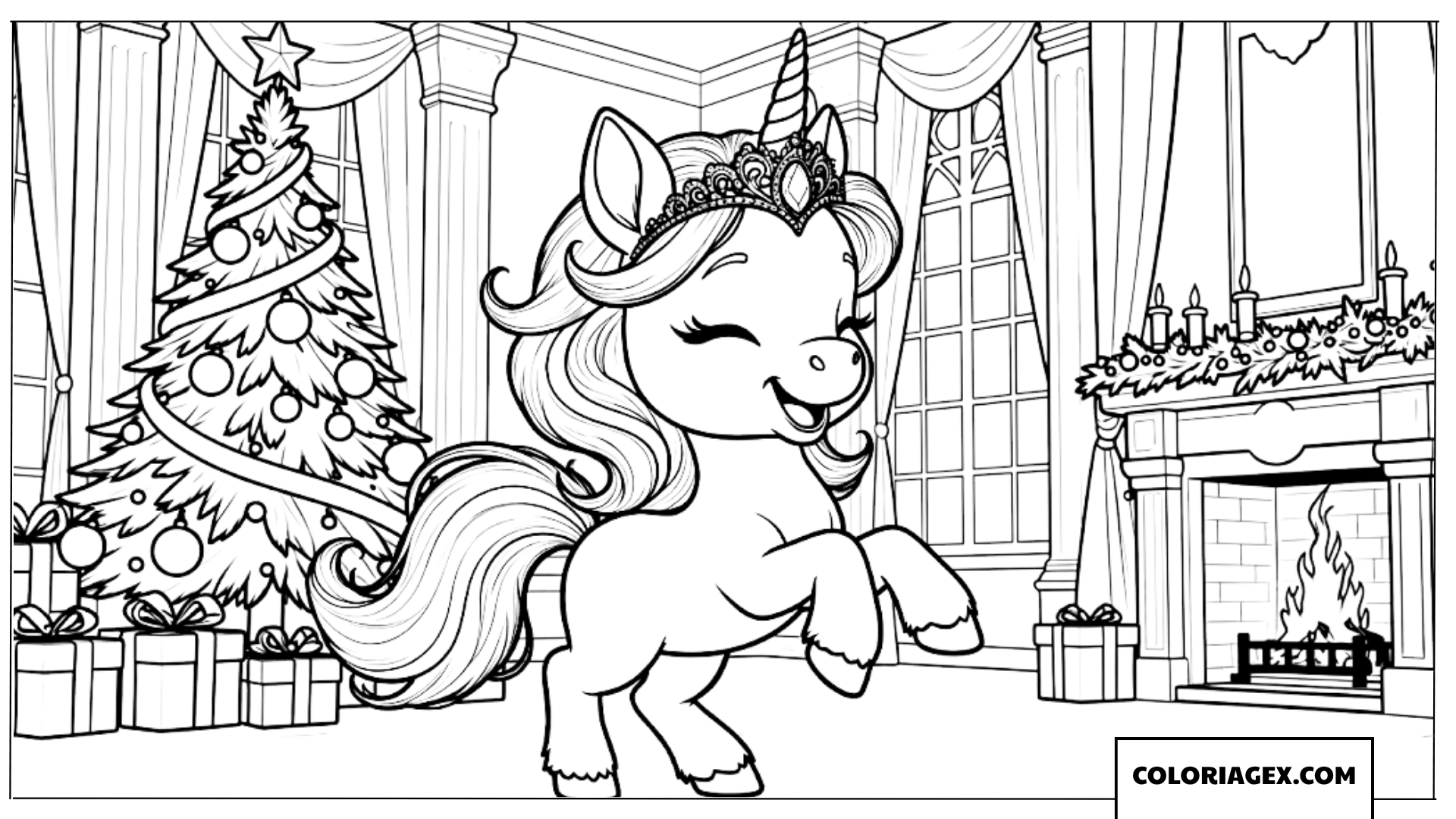 Coloriage Licorne princesse dans une salle décorée pour Noël