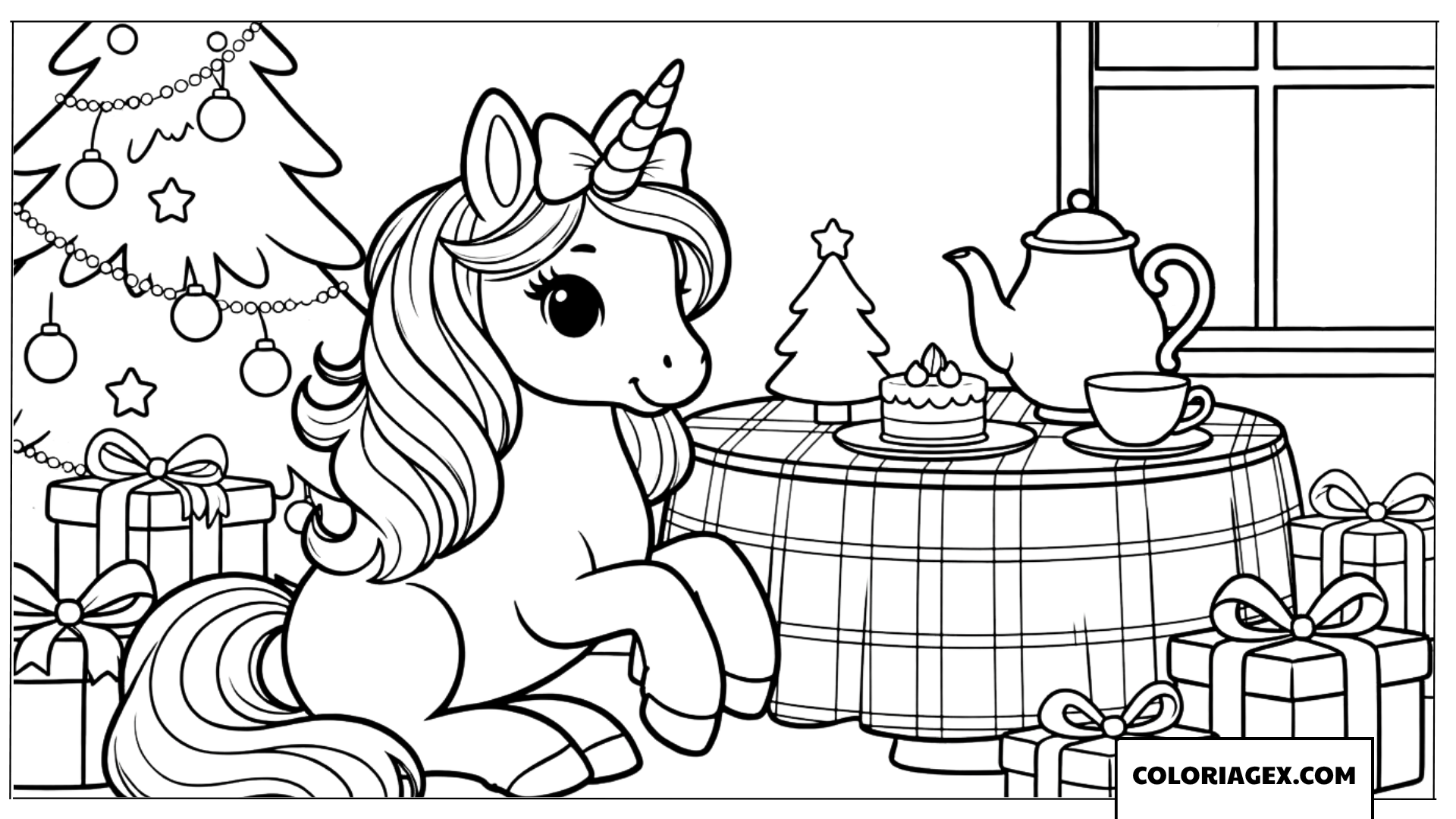 Coloriage Licorne princesse prenant le thé à Noël