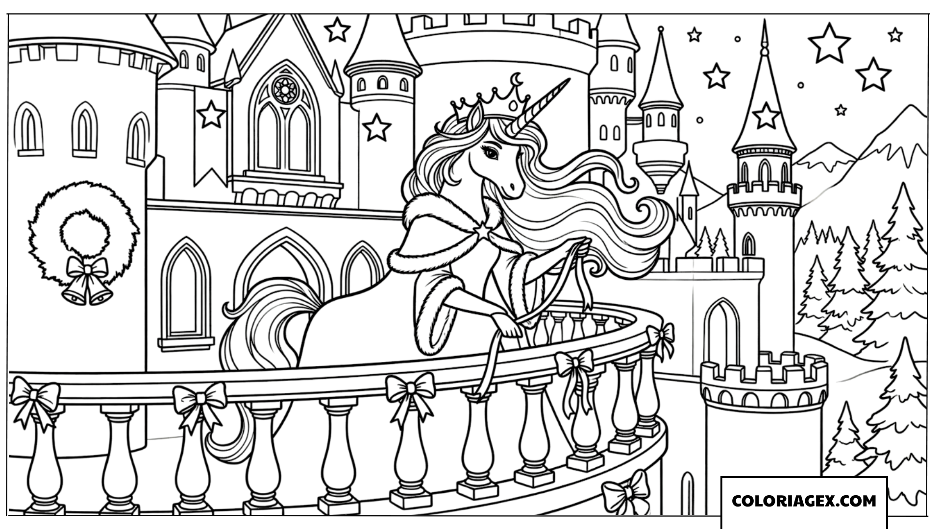 Coloriage Licorne princesse sur le balcon du château de Noël