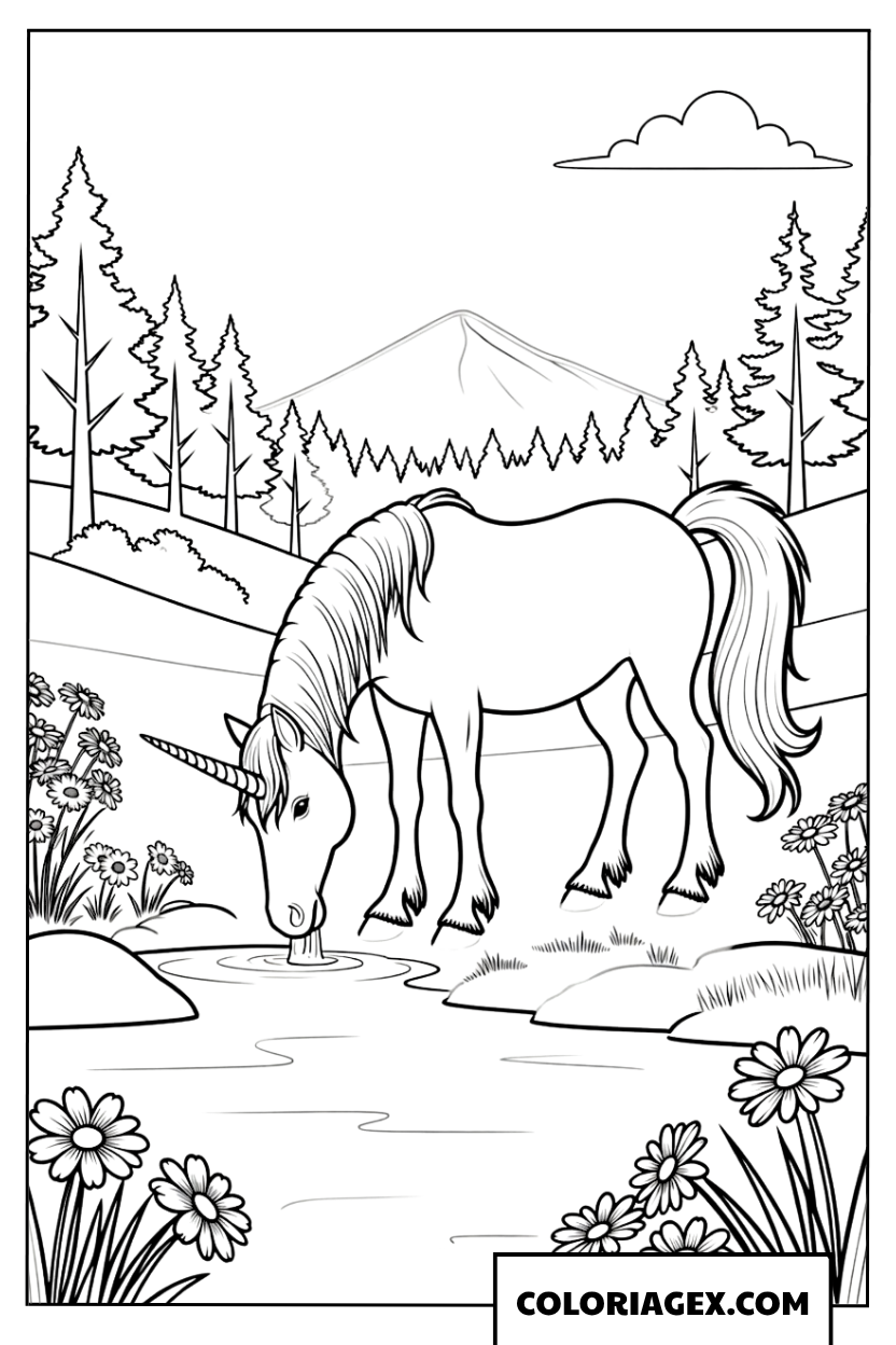 Coloriage Licorne réaliste buvant dans un ruisseau de montagne