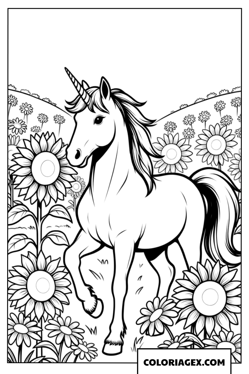 Coloriage Licorne réaliste marchant parmi les tournesols
