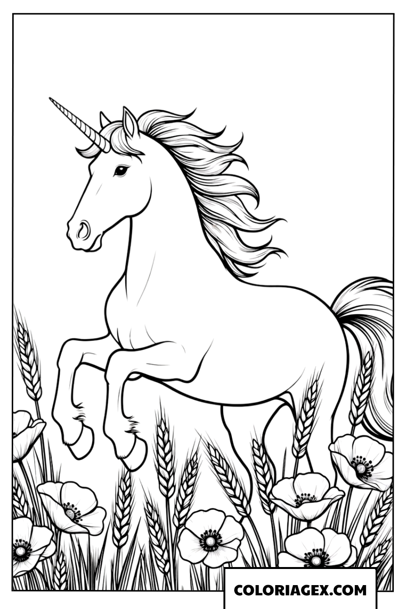 Coloriage Licorne réaliste se cabrant au milieu d’un champ de fleurs sauvages