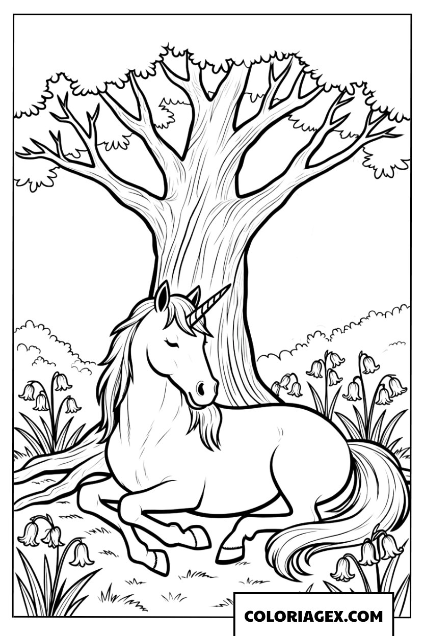 Coloriage Licorne réaliste se reposant sous un grand arbre