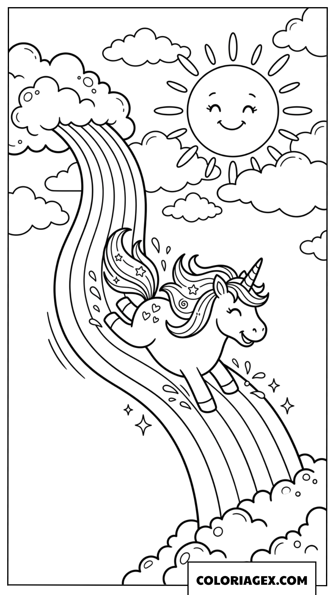 Coloriage Licorne rigolote glissant sur un arc-en-ciel sous le soleil