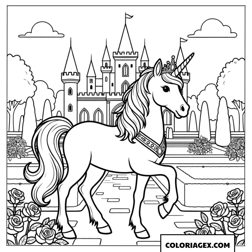 Coloriage Licorne royale devant un château de conte de fées