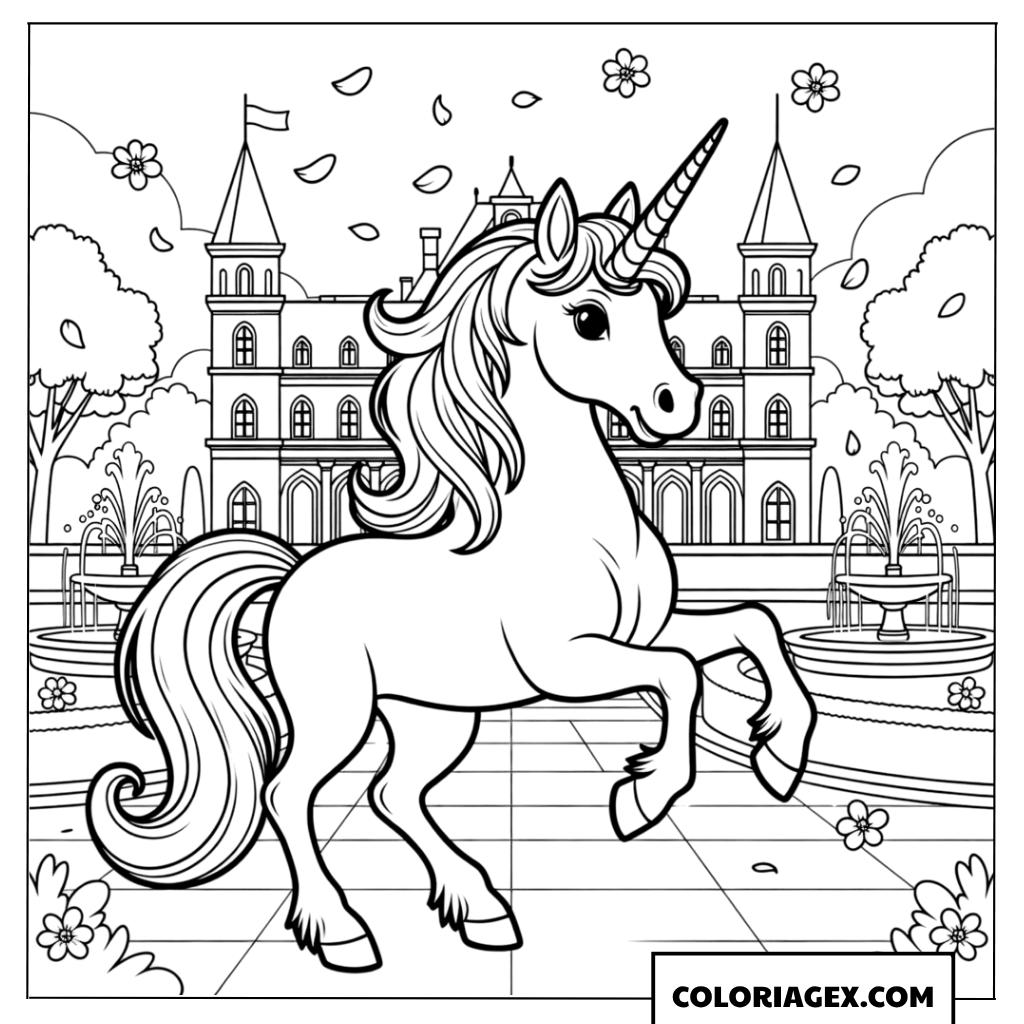 Coloriage Licorne royale galopant dans la cour du palais
