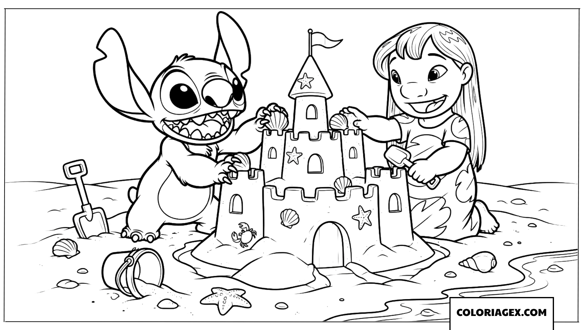 Coloriage Lilo et Stitch Construisent un Château de Sable
