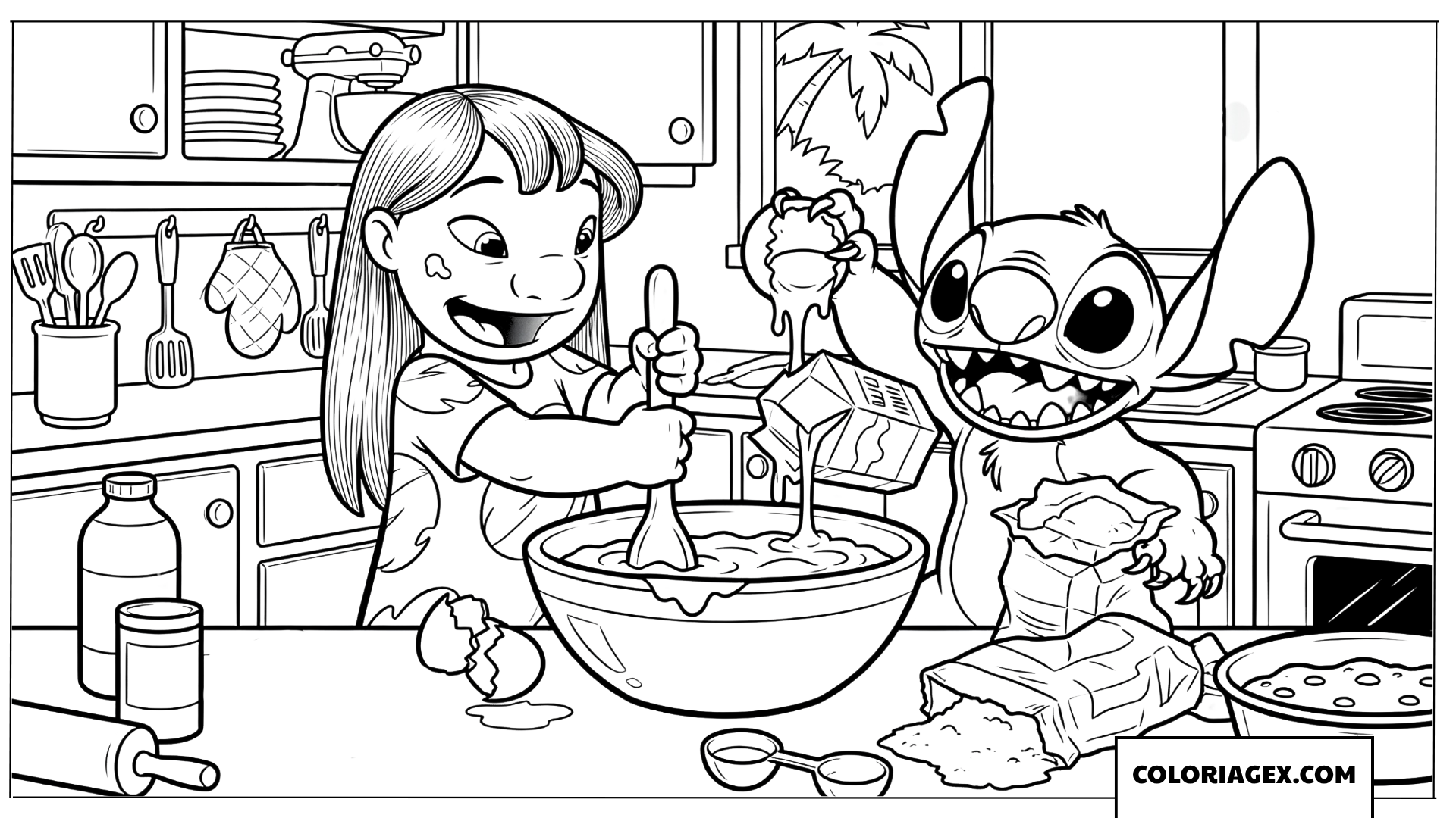Coloriage Lilo et Stitch Cuisinent des Gâteaux
