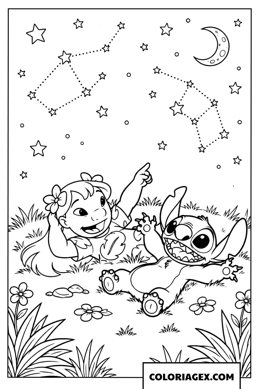 Coloriage Lilo et Stitch allongés regardant les étoiles la nuit