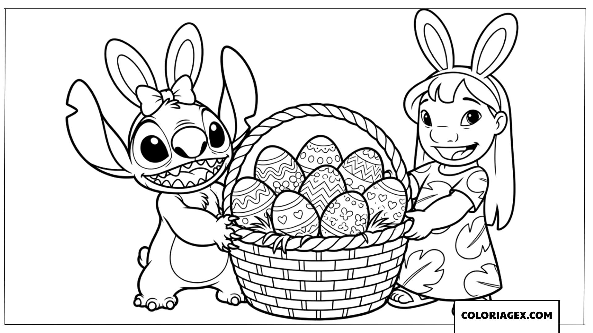 Coloriage Lilo et Stitch avec des oreilles de lapin et œufs de Pâques