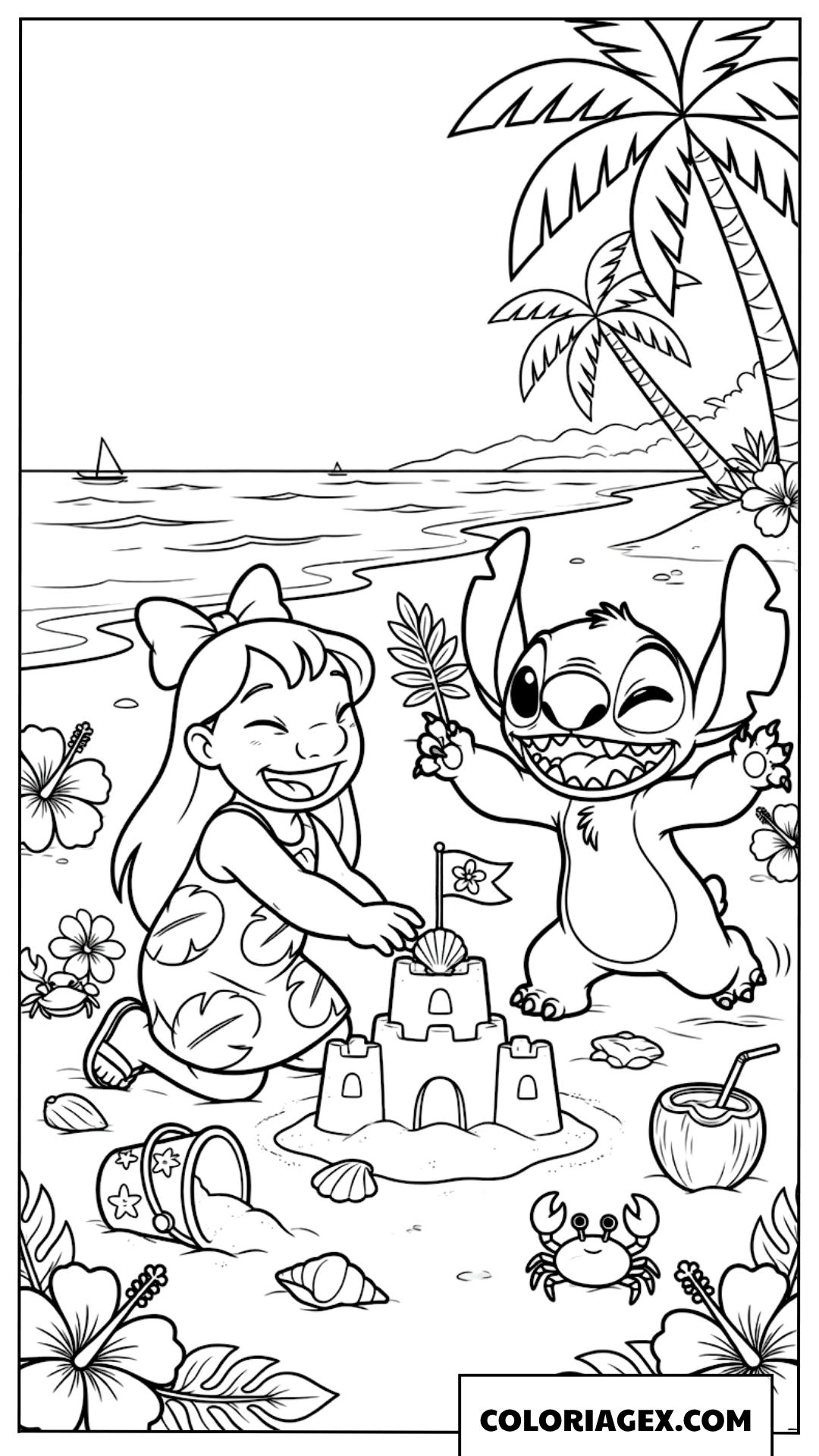 Coloriage Lilo et Stitch construisant un château de sable à la plage
