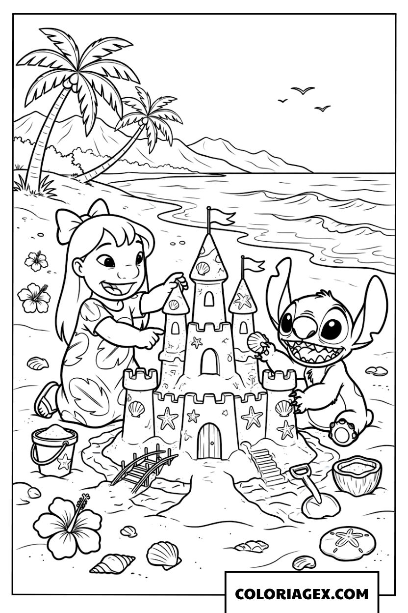 Coloriage Lilo et Stitch construisant un château de sable