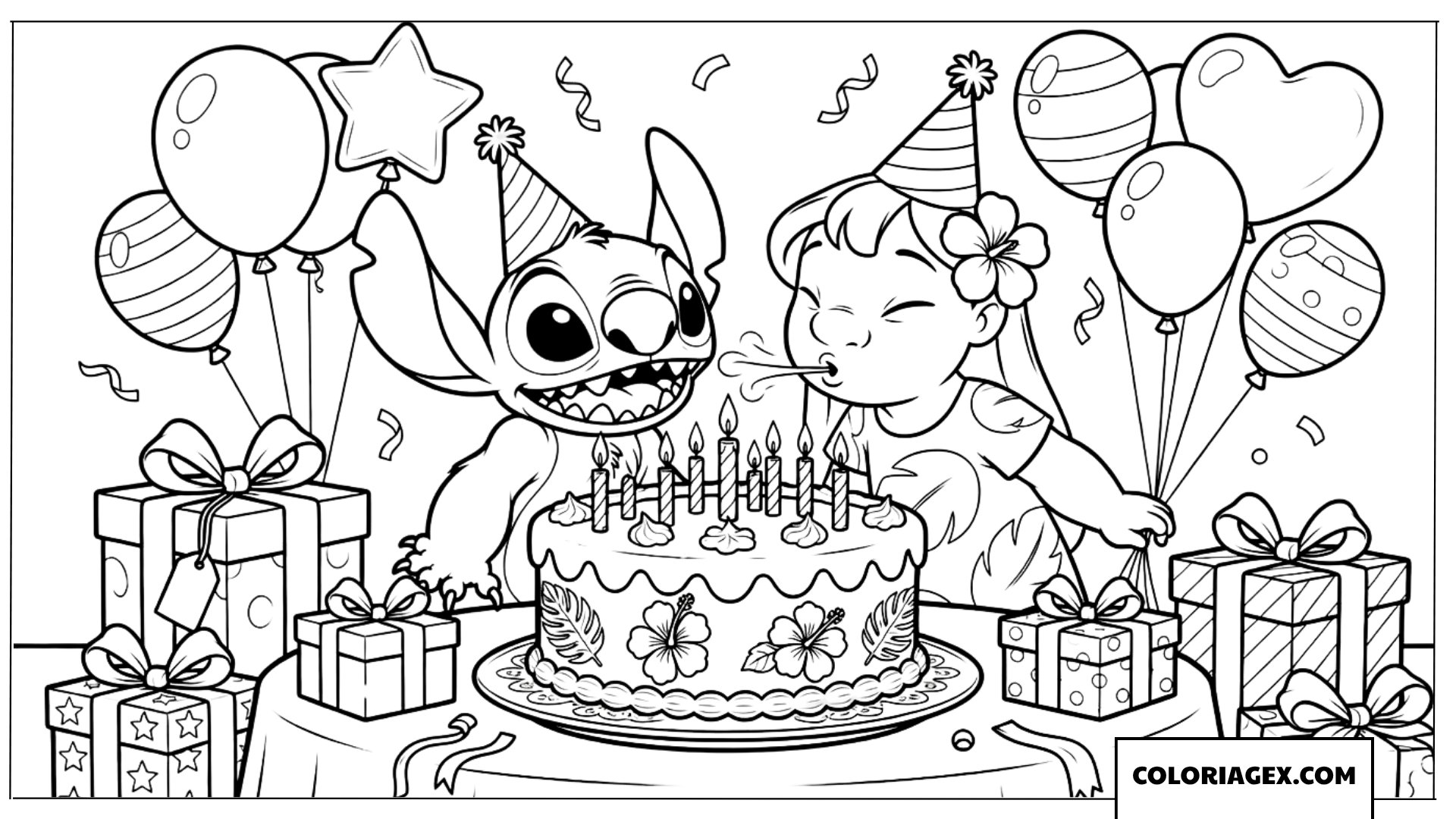 Coloriage Lilo et Stitch fêtant un anniversaire avec gâteau et cadeaux