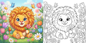 ft - Coloriage Lion avec des Fleurs ft