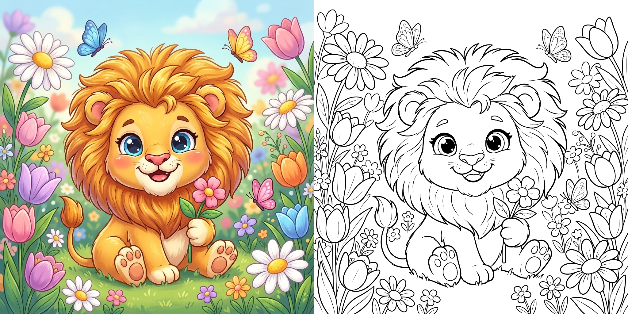 ft - Coloriage Lion avec des Fleurs ft