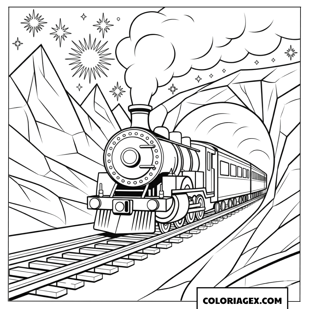 Coloriage Locomotive à vapeur sortant d un tunnel sous un ciel étoilé